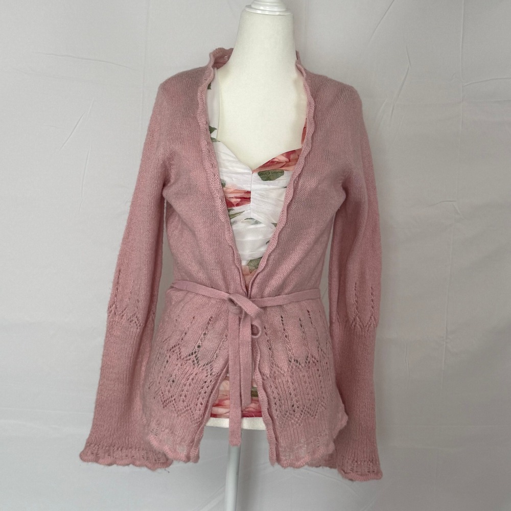 Pink Mohair Blend Pointelle Knit Coquette Tie Waist Cardigan Scalloped Trim M